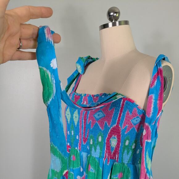 Crown Ivy Maxi Dress XL Blue Pink Ikat Smocked Tie Tiered Swiss Dot Beach Preppy - Picture 9 of 14